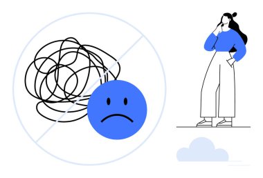 Elleri çenesinde karalama ve üzgün bir yüz olan kadın, kafa karışıklığı ve tefekküre işaret ediyor. Problem çözme, karar verme, beyin fırtınası, zihinsel durum farkındalığı, farkındalık, duygusal