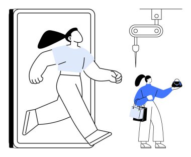 Tabletten çıkan kişi dijital geçişi sembolize ediyor. Tek tek alışveriş torbaları, akıllı cihazlar ve robotik kollarla etkileşim. Teknoloji, otomasyon, dijitalleştirme için ideal