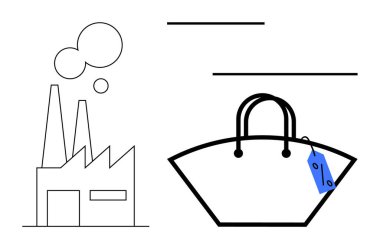 Fabrika binası mavi etiketli bir alışveriş çantasının yanına duman yayıyor. Ticaret, imalat, ekonomi, perakende, sanayileşme, tüketim, ticaret için idealdir. Soyut çizgi düz metafor