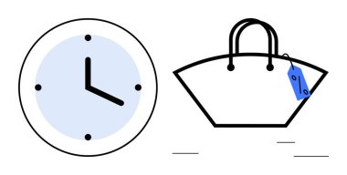 Çantanın yanında fiyat etiketi olan bir saat var. Zaman yönetimi, alışveriş, perakende, ticaret, indirimler, dakiklik, programlama için ideal. Soyut düz metaforlu minimalist tasarım