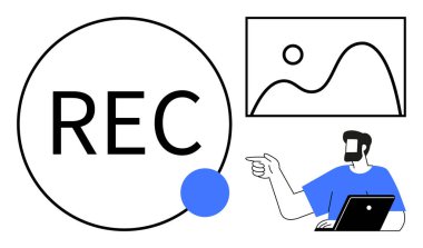 Büyük REC tuşu kayıt modunu gösteriyor, dizüstü bilgisayardaki adam duvardaki basit resmi gösteriyor. Dijital medya için ideal, çevrimiçi öğretiler, sunumlar, yaratıcı süreçler, teknik kılavuz, görsel