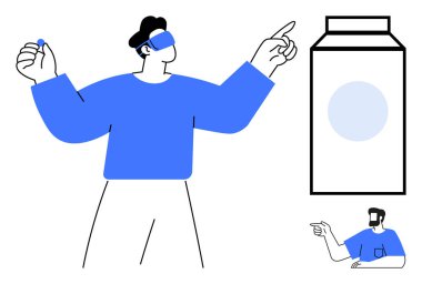 Mavi VR kulaklıklı insan büyük bir süt kutusuyla etkileşime geçiyor, elinde bir kumanda var. Sağ alttaki küçük figür talimatlar veriyor. VR deneyimleri, teknoloji eğitimi ve dijital için ideal