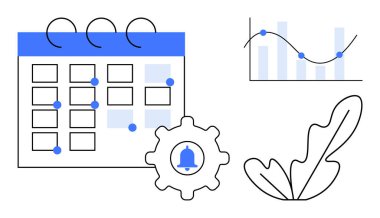 Olaylarla takvim, tebligat zili, veri trendleri çizelgesi, soyut yaprak tasarımı. Üretkenlik, zamanlama, organizasyon, zaman yönetimi, veri analiz görevi anımsatıcıları için ideal