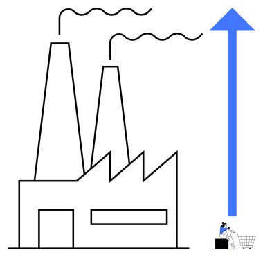 Fabrika, büyümeyi gösteren büyük mavi oklu duman yayıyor. Küçük işçi bir kutuyu tramvaya koyuyor. Ticari genişleme, endüstriyel büyüme, ekonomi, ilerleme ve ölçeklendirme için ideal