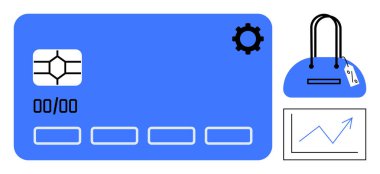 Fiş ve teçhizatlı büyük mavi kredi kartı, fiyat belirten el çantası ve büyüme gösteren çizgi çizelgesi. E-ticaret için ideal, çevrimiçi ödemeler, mali işlemler, perakende sektörü, satışlar