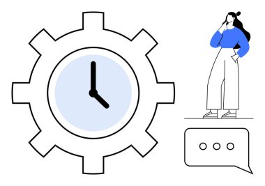 Merkezde dişli saat, konuşma baloncuğunun yanında bireysel kafa yorma. Üretkenlik, planlama, yenilik, verimlilik, iş akışı, beyin fırtınası ve iletişim için ideal. Düz renkler minimalistik