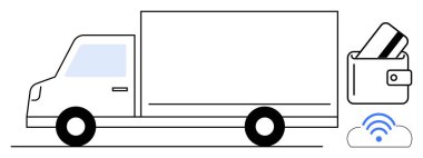 Cüzdanında ödeme kartı ve kablosuz sinyal ikonu olan teslimat kamyonunun yan görüntüsü. E-ticaret, lojistik, tedarik zinciri, dijital işlemler, mobil ödemeler, fintech, nakliye için ideal