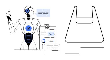 Gelecekçi robot veri tabloları ve grafikleri yorumluyor, yukarıda dijital bir sohbet balonu var. Komşu, soyut bir alışveriş çantası. Teknoloji, yapay zeka, veri analizi, e-ticaret, robot bilimi için ideal.