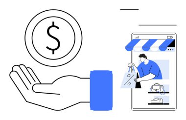 Mobil alışveriş uygulamasının yanında el ele tutuşan dolar çevrimiçi alışveriş ve finansal işlemleri gösteriyor. E-ticaret, mobil ödemeler, dijital ekonomi, çevrimiçi perakende, mali