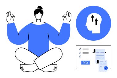 Bireyler meditasyonda çevrimiçi ödeme arayüzü ve zihinsel büyüme sembolüyle yan yana otururlar. Farkındalık, mali teknoloji, kişisel büyüme, çevrimiçi işlemler ve dijital işlemler için ideal