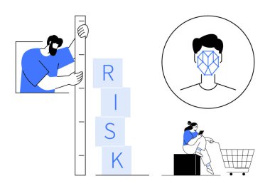 Erkek, risk seviyesini cetvelle ölçer, çemberin içinde tanınır, kadın alışveriş arabasının yanında internetten alışveriş yapar. Risk yönetimi, biyometri, güvenlik, teknoloji, e-ticaret, alışveriş interneti için ideal