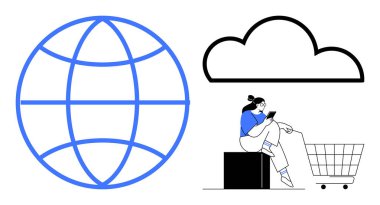 Hatlar, bulutlar ve akıllı telefon kullanarak alışveriş arabasının yanında oturan kişi. E-ticaret, bulut bilgisayarı, küresel iletişim, çevrimiçi alışveriş, dijital ekonomi, İnternet erişim teknolojisi için ideal