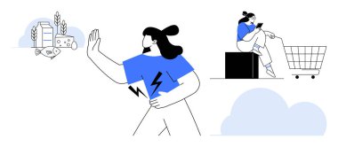 Alerjik yiyeceklerden kaçınan, midesini tutan, stresli bir ifade. Alışveriş arabasında yiyecek taraması yapan diğer kadın. Sağlık, alerji, gıda güvenliği, teknoloji, uygulamalar için ideal yaşam tarzı