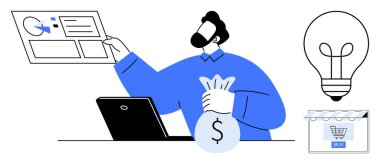 Girişimci dizüstü bilgisayardaki finansal verileri analiz ediyor, dolar sembollü para çantasını tutuyor. Ampul ve alışveriş arabası ikonları fikir ve e-ticaret öneriyor. İş, finans ve e-ticaret için ideal