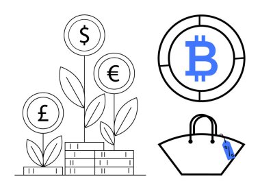 Dolar, avro ve pound işaretli bozuk para yığınlarından büyüyen bitkiler Bitcoin sembolü, fiyat etiketli alışveriş torbası. Finans, yatırım, kripto para birimi, e-ticaret ekonomik büyüme tasarrufu için ideal