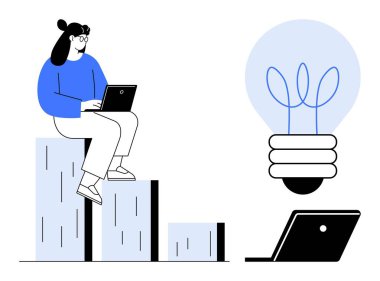Dizüstü bilgisayarda çalışan bir kadın, bir bar grafiğinin en yüksek çubuğuna oturmuş, yanında başka bir laptop ve ampulle. Kavramların ideali büyümeyi, yeniliği, teknolojiyi, ilerlemeyi, eğitimi destekliyor
