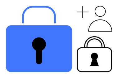 Mavi kilit simgesi, daha küçük beyaz kilit simgesi, artı sembol ve kullanıcı avatarı. Güvenlik, erişim kontrolü, veri koruması, kullanıcı doğrulama gizliliği siber güvenlik için ideal. Benzetmeyi kilitle