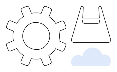 Vites, alışveriş çantası ve bulut çizgisi mekanizmaları, ticareti ve dijital bağlantıyı temsil ediyor. Teknoloji, iş, çevrimiçi alışveriş, bulut hesaplama endüstriyel süreçleri için ideal dijital