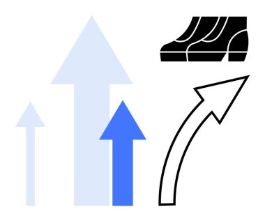 Yukarıya bakan üç farklı ok ve bir eğri ok. Sağ üst köşede siyah merdiven var. Büyüme, ilerleme, yön, iyileştirme, hırs, başarı ve yükselme için ideal