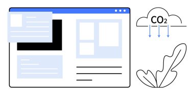 Çeşitli UI elementlerine sahip web sitesi modeli, aşağıya doğru ok gönderen CO2 etiketli bir bulut, bir bitki. Sürdürülebilirlik, çevre dostu teknoloji, UX tasarımı, çevresel etki, UI geliştirme, iklim