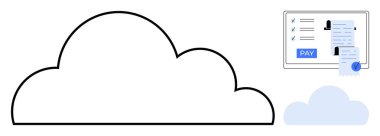 Bir bilgisayar ekranına bağlı büyük bulut şeklindeki taslak ödeme makbuzunu ödeme tuşu ile gösteriyor. Bulut hesaplama, çevrimiçi işlemler, dijital makbuzlar, kullanıcı arayüzleri, güvenli