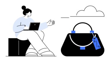 Tabletli bir kadın fiyat etiketli, bulut simgeli el çantasından bahsediyor ya da el kol hareketi yapıyor. Çevrimiçi alışveriş, e-ticaret, dijital pazarlama, bulut hesaplama, modern perakende, tüketici için ideal