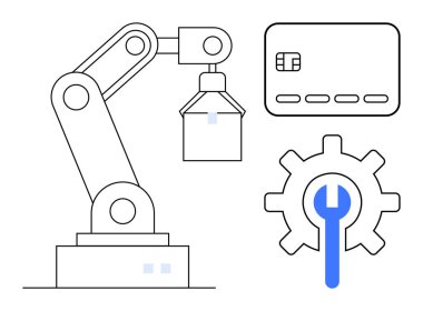 Bir kutu tutan robot kol, içinde anahtar olan bir vites ve bir kredi kartı. Otomasyon için ideal, robotik, teknoloji endüstrisi, imalat, ödeme sistemleri mühendisliği yeniliği. Satır metaforu