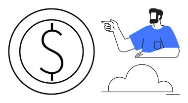Mavi gömlekli adam bulutun yanındaki büyük dolar işaretini işaret ediyor. Finans, iş rehberliği, liderlik, yatırım, ekonomik büyüme, karar verme, finans konuları için ideal