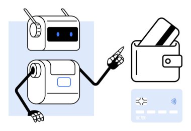 Robot bir cüzdanın içindeki kredi kartını işaret ederek modern ödeme teknolojisini öneriyor. Finans, yapay zeka, fütürizm, ekomünikasyon, otomasyon, dijital bankacılık akıllı teknoloji için idealdir. Satır metaforu