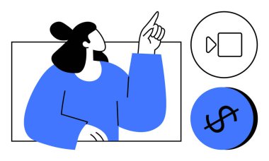 Video oynatma düğmesi ve dolar sembolü ile çevrili, düşünceli bir jestle yukarıya bakan kişi. Çevrimiçi öğrenme, dijital içerik, finans, e-ticaret, yenilik, büyüme, multimedya için ideal