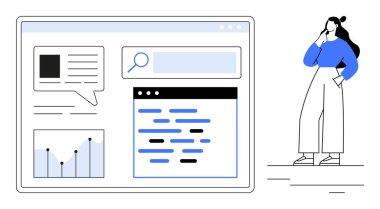 Arama çubuğu, yorum balonu, veri grafiği ve kod penceresi içeren analitik gösterge paneli. Yakınlarda düşünceli bir insan duruyor. Veri analizi, web geliştirme, kullanıcı deneyimi ve veri için ideal
