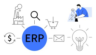Fabrika simgeleri, büyüteç, alışveriş arabası, dolar sembolü, e-posta, ampul ve bir insana bağlı mavi çemberdeki ERP. İş yönetimi ve entegrasyon otomasyonu için ideal
