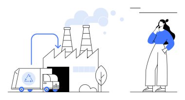 Geri dönüşüm kamyonu, kirlilik yayan bacalı bir fabrikaya boşaltıyor. Yakınlarda, bir kadın olay yerini inceliyor. Sürdürülebilirlik, çevre, atık yönetimi, kirlilik ve geri dönüşüm için ideal
