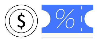 Üzerinde dolar sembolü olan sikke mavi indirim kuponunun yanında yüzde işareti var. Finans, tasarruf, indirim, bütçe, promosyon, alışveriş ve ekonomi için ideal. Soyut çizgi düz metafor