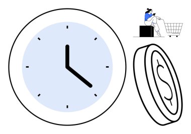 Büyük saat, dolar işareti olan bozuk para ve alışveriş arabasının yanında telefonu kullanan kadın. Zaman yönetimi için ideal, finansal planlama, tüketici davranışı, modern yaşam tarzı, kaynak tahsisi, son teslim tarihi