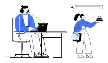 Masasında ergonomiyi gösteren okları olan, dizüstü bilgisayarla çalışan biri. Elinde küçük bir çanta ve alışveriş poşetleri olan ikinci kişi. Ergonomik, ofis kurulumu, işyeri refahı, uzaktan çalışma için ideal