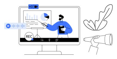 Ekran, oynat ve kaydet düğmeleri, HD video göstergesi, yaprak, el ve dürbünle veri grafikleri sunan kişi. Uzak çalışma, sanal toplantılar, çevrimiçi eğitim, web işi için ideal