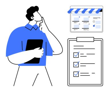 Elinde tablet tutan ve e-ticaret sitesinin önünde çizgili tenteli ve panosunda bir kontrol listesi olan biri. İş planlaması, e-ticaret, organizasyon, verimlilik için ideal