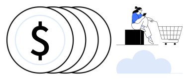 Dolar işaretli büyük paralar, akıllı telefon kullanan bir insan, alışveriş arabası, bulut. E-ticaret, dijital ödemeler, tasarruflar, çevrimiçi alışveriş, tüketici davranışı mobil uygulamaları bulut depolama için ideal