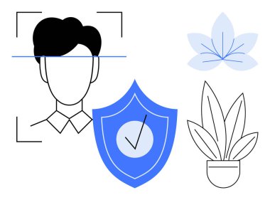 Soyut yüz tanıma sistemi, bir kalkanın yanında üzerinde işaret olan bir yüzü tarıyor. Mavi çiçek ve kapalı alan bitkisi. Dijital güvenlik, gizlilik, veri koruması, teknoloji ve biyometrik için ideal