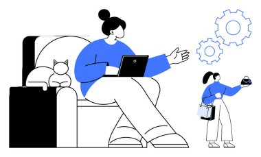 Tablet üzerinde çalışan bir kadın, yanında dinlenen bir kedi, elinde küre, alışveriş torbaları ve vitesler tutan genç bir kadın. Çoklu görev, iş-yaşam dengesi, modern yaşam tarzı, teknoloji verimliliği için ideal