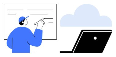 Beyaz tahtaya kep yazan bir adam, mavi bulutun yanında dizüstü bilgisayarı aç. Çevrimiçi öğrenme, eğitim, teknoloji, uzaktan çalışma, bulut depolama, dijital dönüşüm eğitimi için ideal. Soyut çizgi