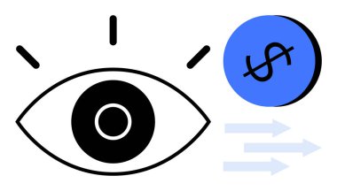 Üzerinde üç çizgi olan göz, mavi dairenin içinde dolar işareti ve üç açık mavi ok finansal vizyon, yatırım ve ekonomik anlayışa odaklanıyor. Finans, yatırım ve vizyon için ideal