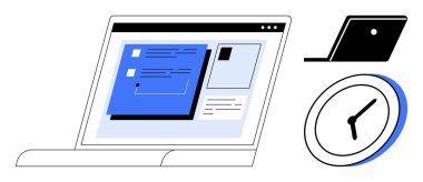 Bir web sayfasını gösteren bir dizüstü bilgisayar, zamanla ilgili kavramları gösteren bir saatle birlikte açılır. Üretkenlik, zaman yönetimi, uzak çalışma, proje planlaması, mühlet süresi, organizasyon ve dijital için ideal