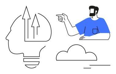 İnsan profili ve okları olan ampul, insan figürü, altında bulut. Beyin fırtınası, yaratıcılık, yenilik, rehberlik, fikir özentisi problem çözme için idealdir. Basit soyut çizgi