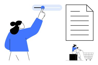 Kullanılmış UI sürgüsü kullanan bir kadın, bir belgeyi inceliyor, alışveriş arabasının yanında bir telefonla oturuyor. Teknoloji için ideal, çevrimiçi etkileşim, dijital belgeler, e-ticaret, üretkenlik, kullanıcı deneyimi