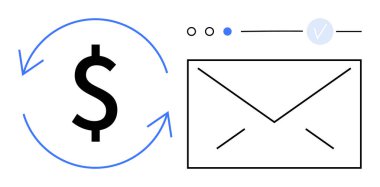 Yuvarlak oklar ve zarf simgesiyle dolar işareti, e-posta yoluyla para iadesi ya da alım satımı öneriyor. Finans uygulamaları, dijital ödemeler, çevrimiçi işlemler, e-posta pazarlama, geri ödeme, iletişim için ideal