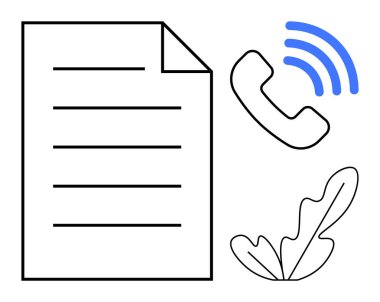 Metin satırlı bir sayfa, sinyal dalgalı bir telefon alıcısı ve basit bir yaprak tasarımı. Ofis işleri için ideal, iletişim, teknoloji, doğa, minimalizm iş verimliliği. Soyut