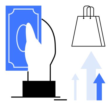Bir alışveriş torbası ve yukarı doğru büyüdüğünü gösteren oklarla el ele tutuşan para. Perakende, ticaret, yatırım, finans piyasaları, tüketici davranışı, ekonomik ilerleme, pazarlama için ideal. Satır metaforu
