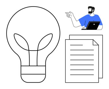 Bilgisayarlı bir adam, büyük bir ampulün yanındaki belgeleri gösteriyor. Beyin fırtınası, yenilik, yaratıcılık, problem çözme, eğitim, iş stratejisi ve takım çalışması kavramları için idealdir. Siyah